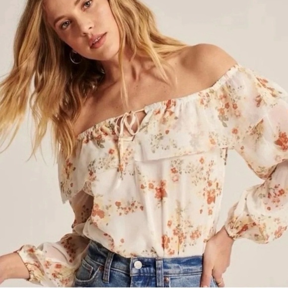 Abercrombie & Fitch Tops - Abercrombie Floral Off Shoulder Bodysuit Tie Front Boho Peasant Top Western